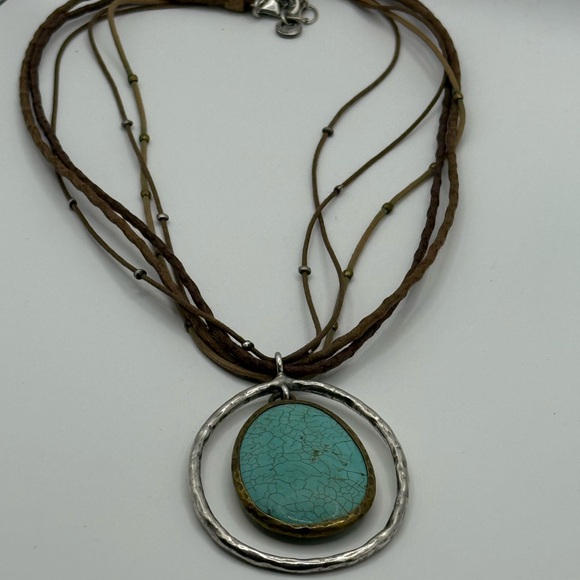 SILPADA STERLING & BRASS, TURQUOISE HOWLITE HALO PENDANT LEATHER NECKLACE - Picture 11 of 11